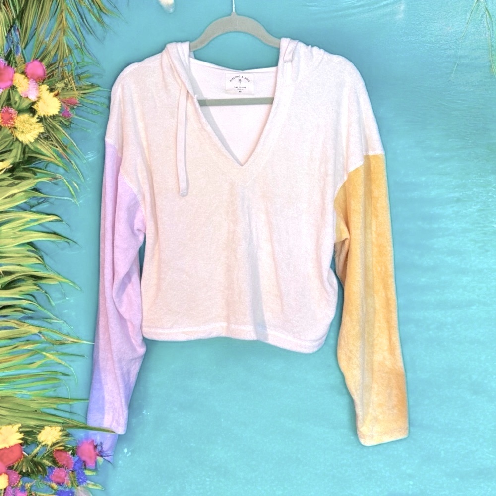 Electric & Rose Womens‎ Tri Color V Neck Terry Hooded Shirt Yellow Pink
XS